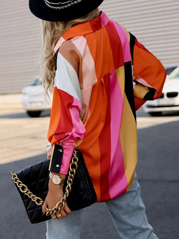 Long Sleeves Loose Contrast Color Printed Lapel Blouses - Image 4