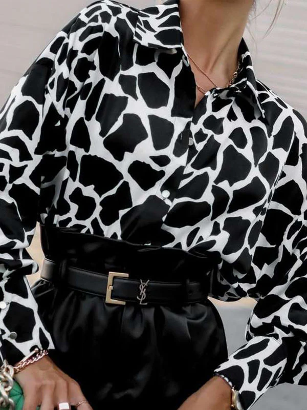 Long Sleeves Loose Contrast Color Printed Lapel Blouses - Image 5