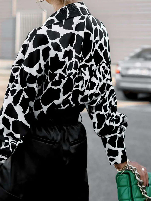 Long Sleeves Loose Contrast Color Printed Lapel Blouses - Image 6