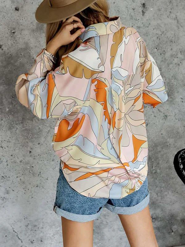 Long Sleeves Loose Contrast Color Printed Lapel Blouses - Image 8