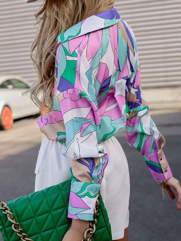 Long Sleeves Loose Contrast Color Printed Lapel Blouses - Image 9