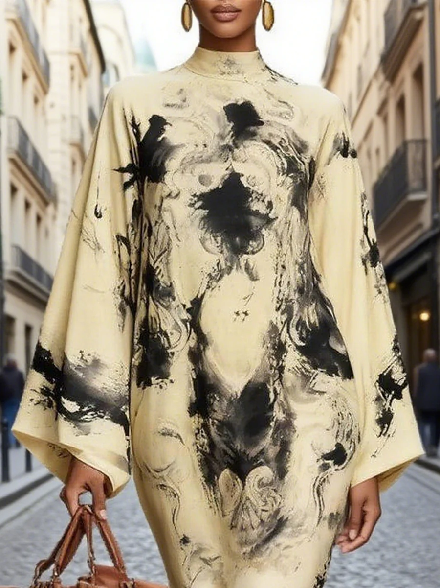 Long Sleeves Loose Contrast Color Printed Mock Neck Midi Dresses - Image 2