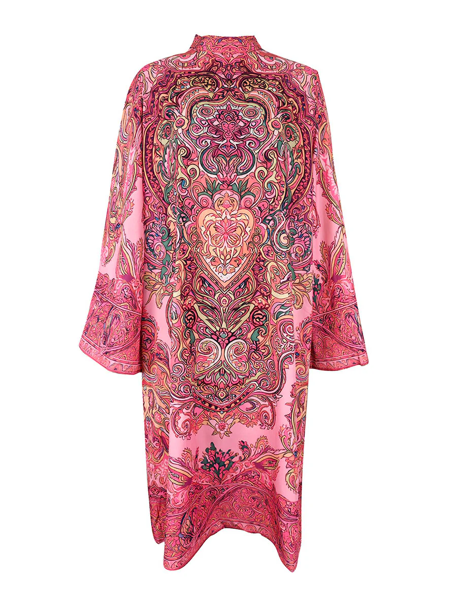 Long Sleeves Loose Contrast Color Printed Mock Neck Midi Dresses - Image 10