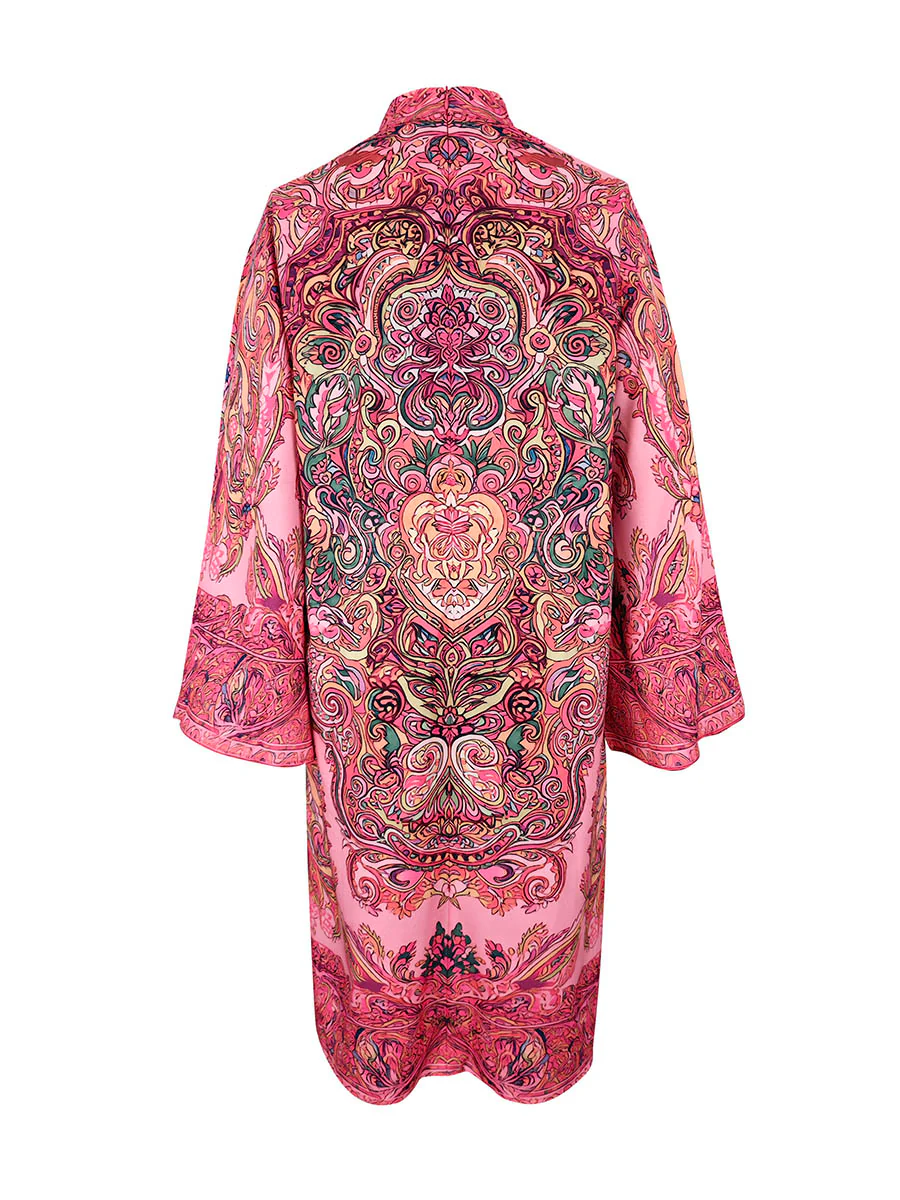 Long Sleeves Loose Contrast Color Printed Mock Neck Midi Dresses - Image 11