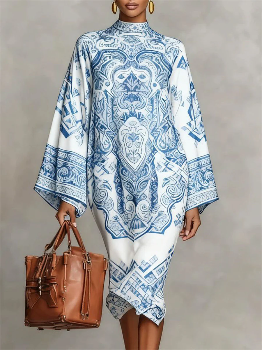 Long Sleeves Loose Contrast Color Printed Mock Neck Midi Dresses - Image 12