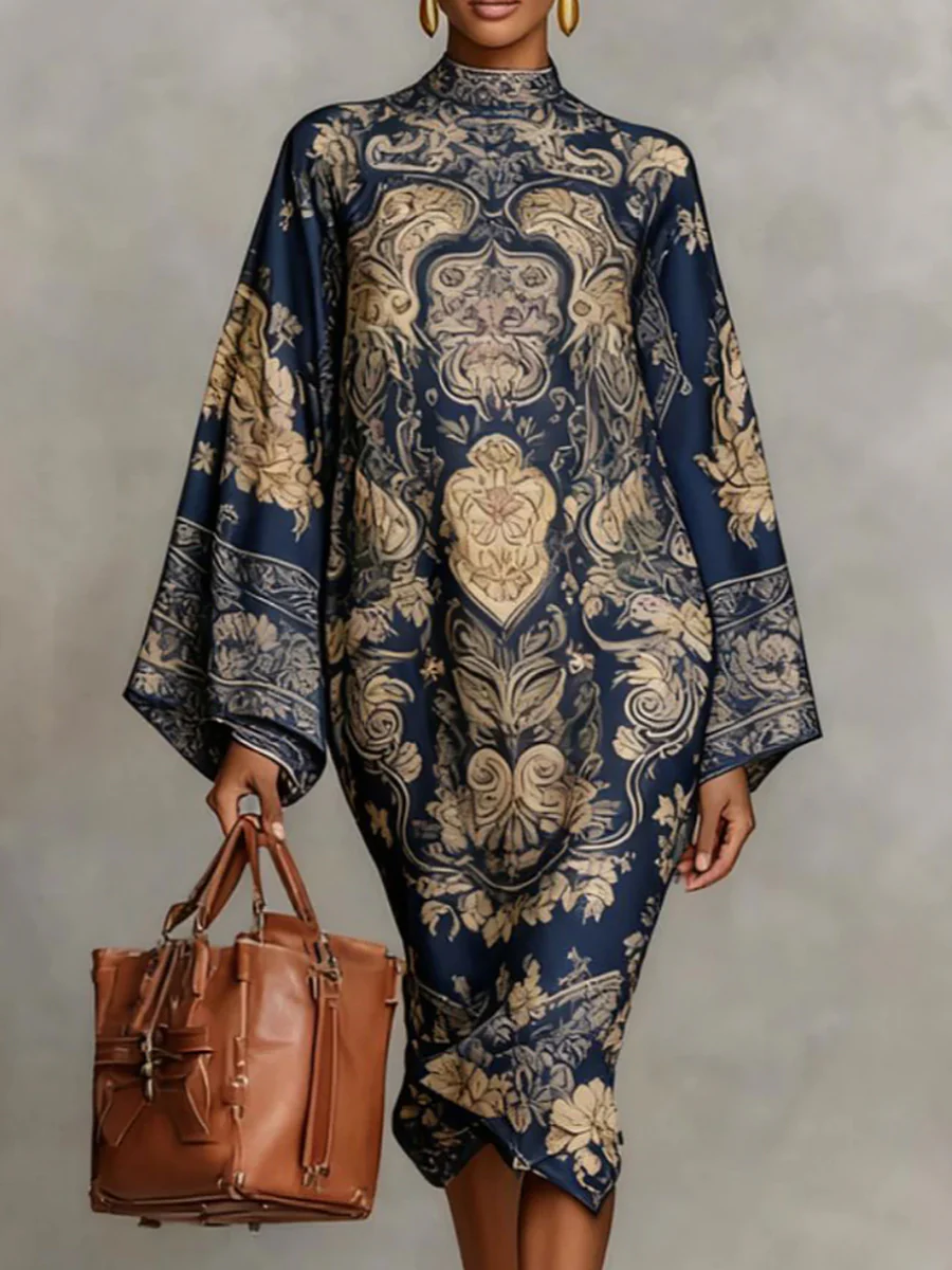 Long Sleeves Loose Contrast Color Printed Mock Neck Midi Dresses - Image 2