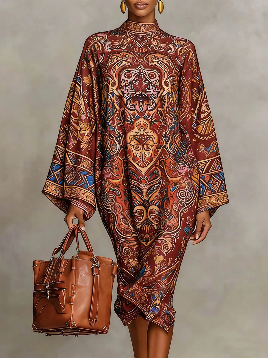 Long Sleeves Loose Contrast Color Printed Mock Neck Midi Dresses - Image 3