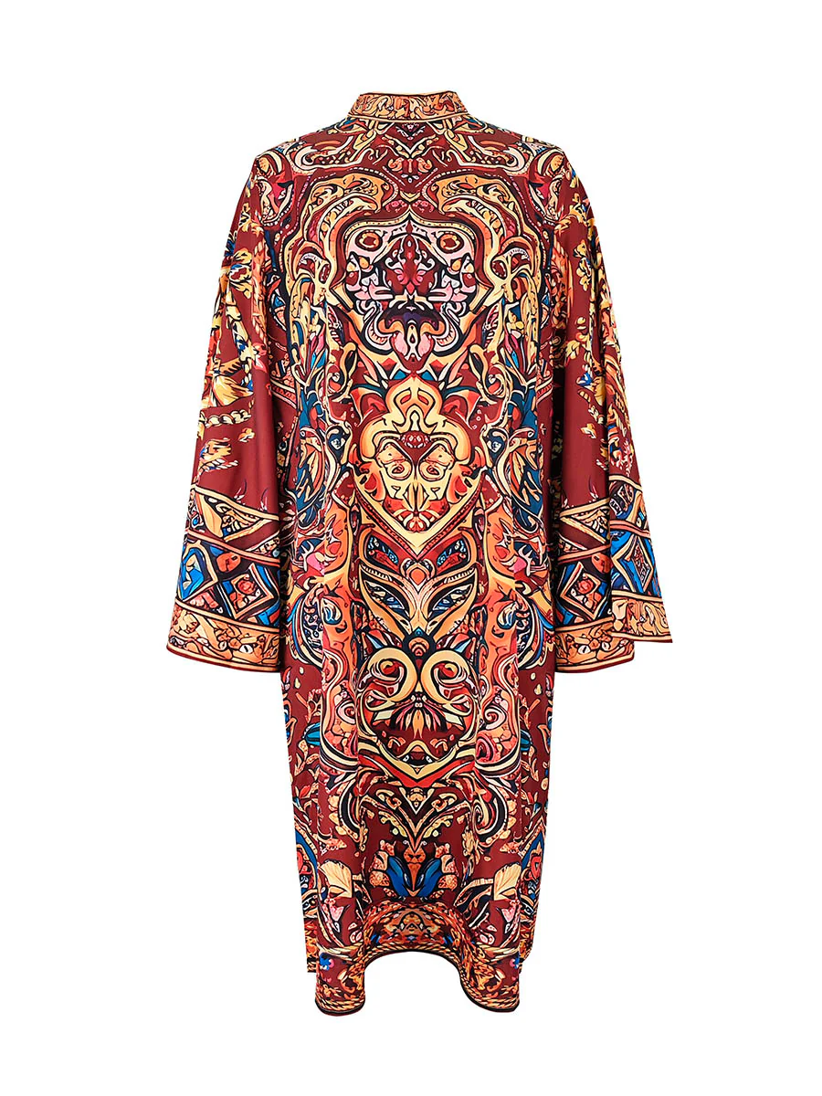 Long Sleeves Loose Contrast Color Printed Mock Neck Midi Dresses - Image 4