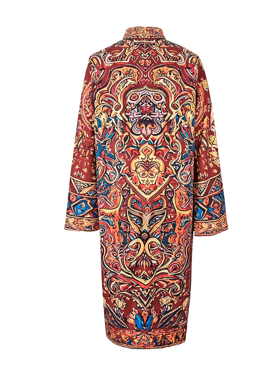 Long Sleeves Loose Contrast Color Printed Mock Neck Midi Dresses - Image 5