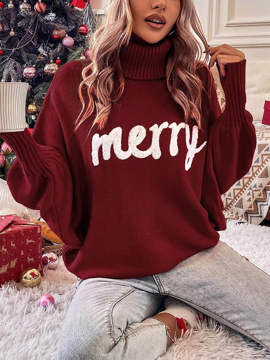 Long Sleeves Loose Contrast Color Printed Split-Joint High Neck Sweater Tops - Image 10