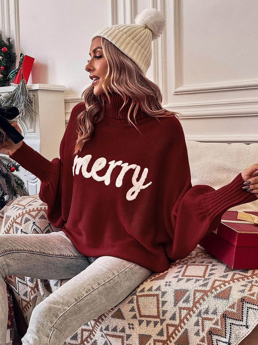 Long Sleeves Loose Contrast Color Printed Split-Joint High Neck Sweater Tops - Image 13