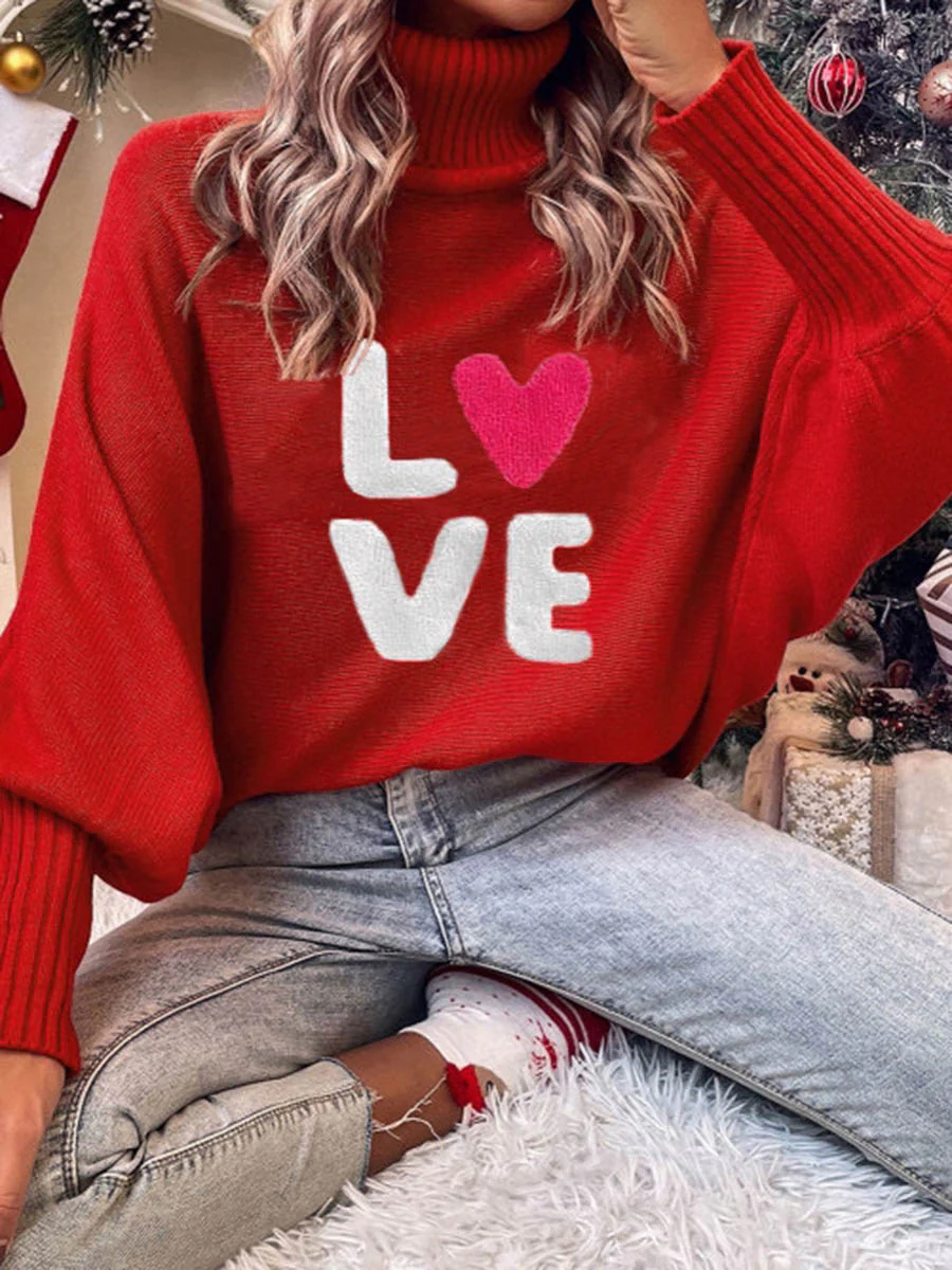 Long Sleeves Loose Contrast Color Printed Split-Joint High Neck Sweater Tops - Image 2