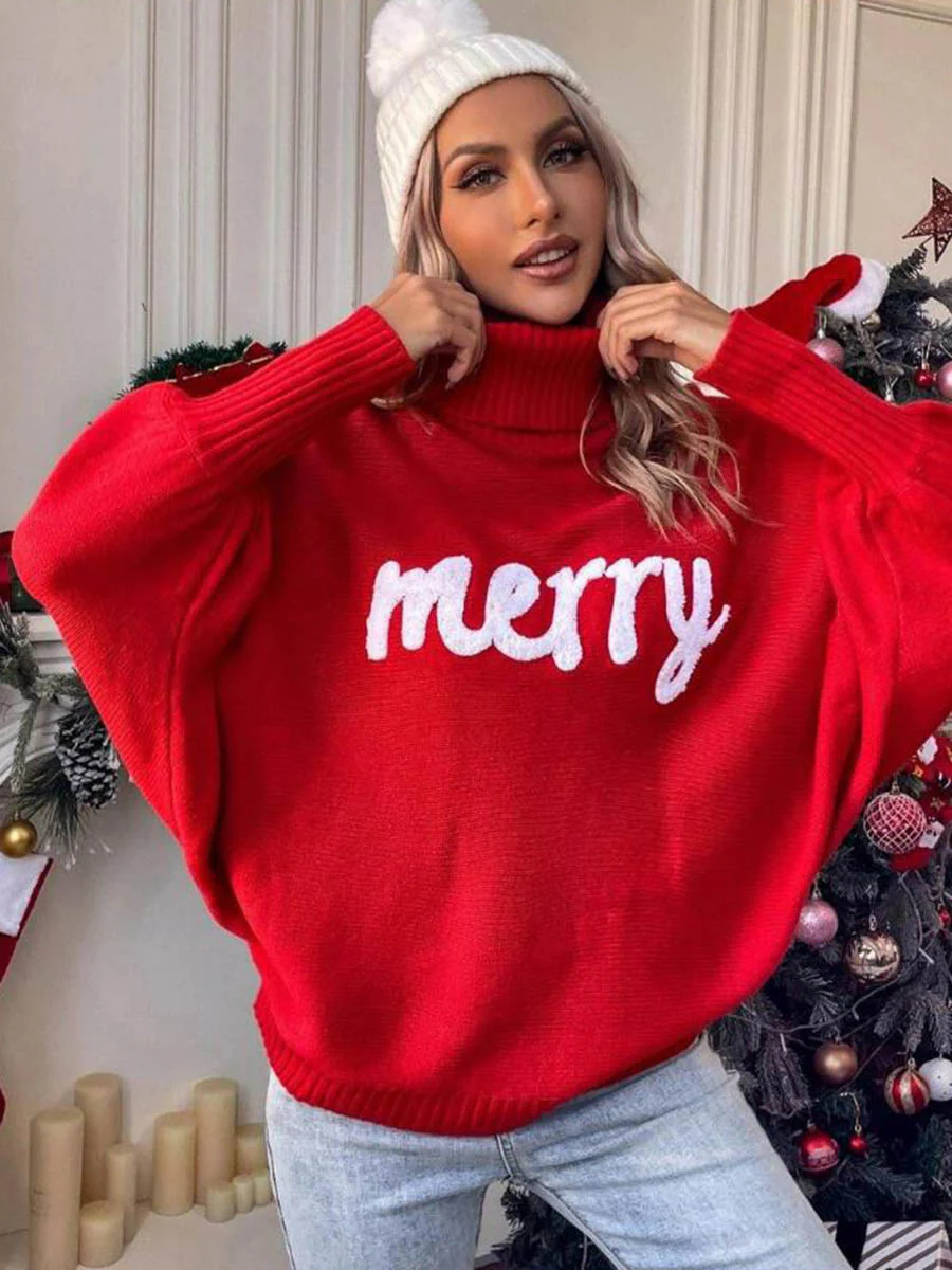 Long Sleeves Loose Contrast Color Printed Split-Joint High Neck Sweater Tops - Image 21