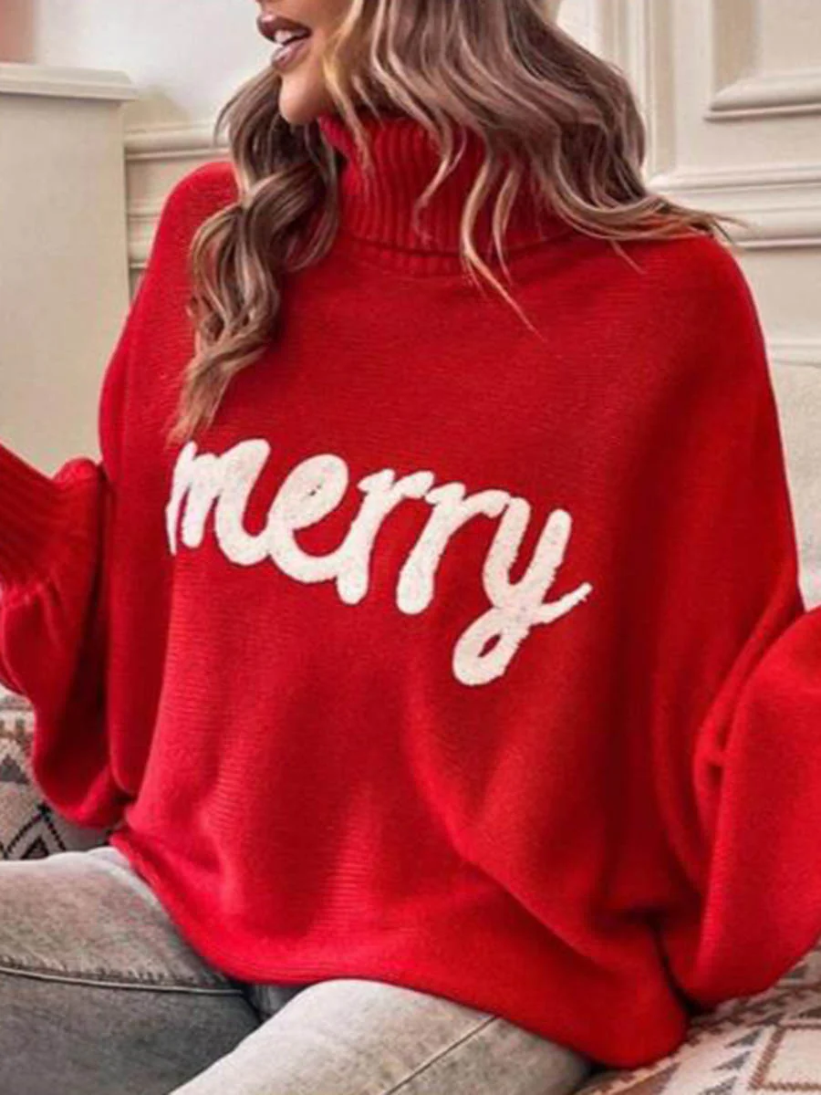 Long Sleeves Loose Contrast Color Printed Split-Joint High Neck Sweater Tops - Image 23