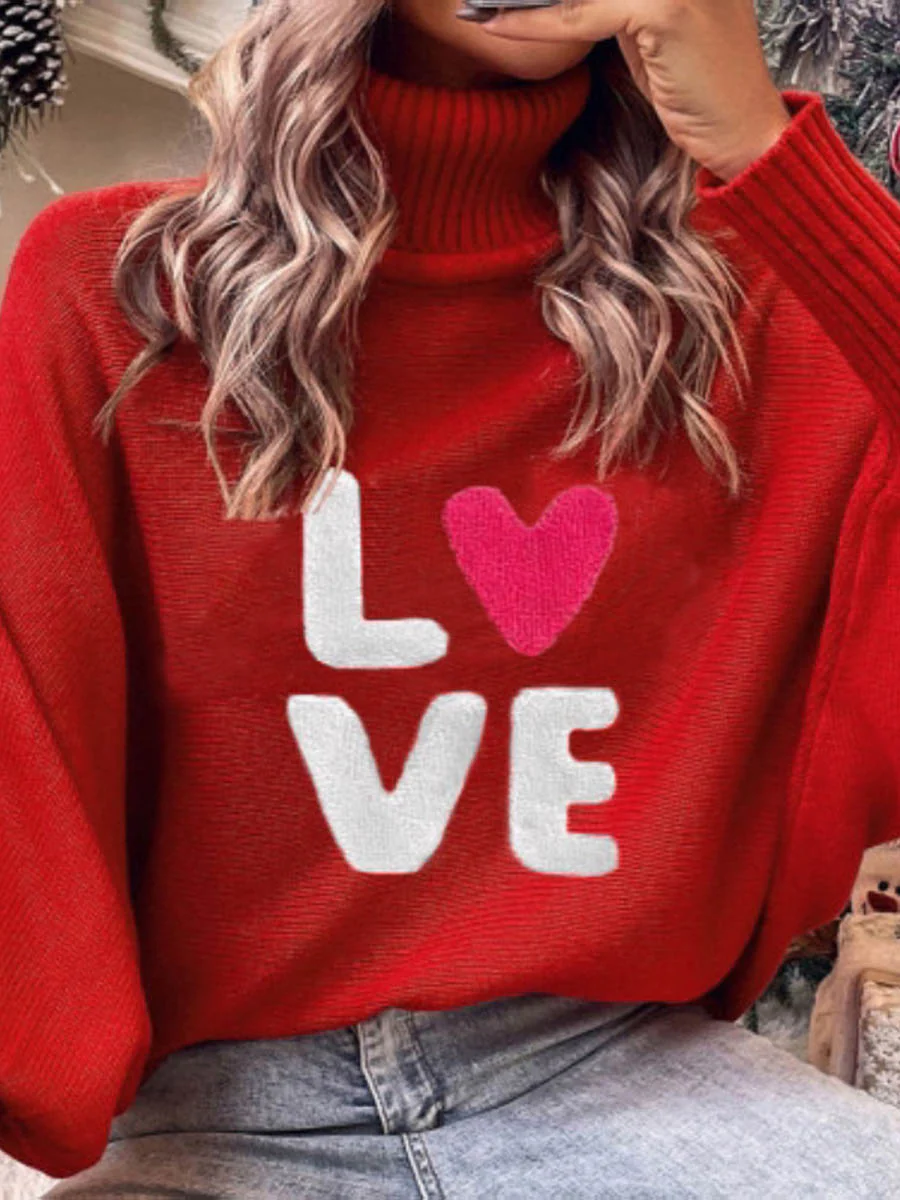 Long Sleeves Loose Contrast Color Printed Split-Joint High Neck Sweater Tops - Image 3