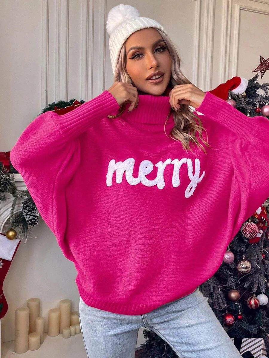 Long Sleeves Loose Contrast Color Printed Split-Joint High Neck Sweater Tops - Image 4