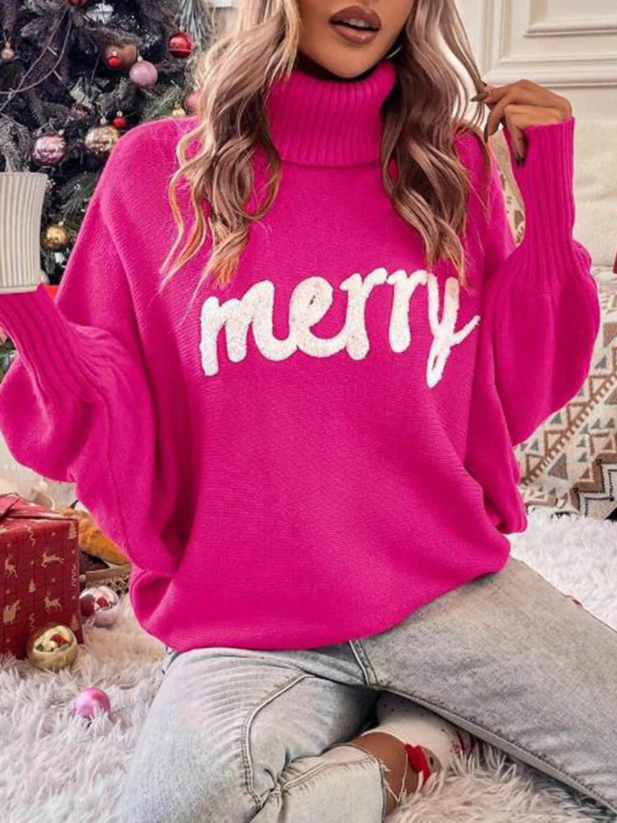 Long Sleeves Loose Contrast Color Printed Split-Joint High Neck Sweater Tops - Image 5
