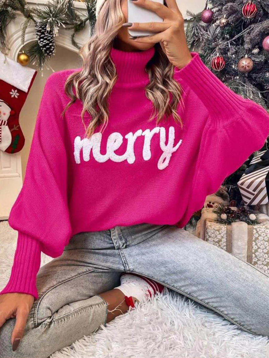 Long Sleeves Loose Contrast Color Printed Split-Joint High Neck Sweater Tops - Image 6