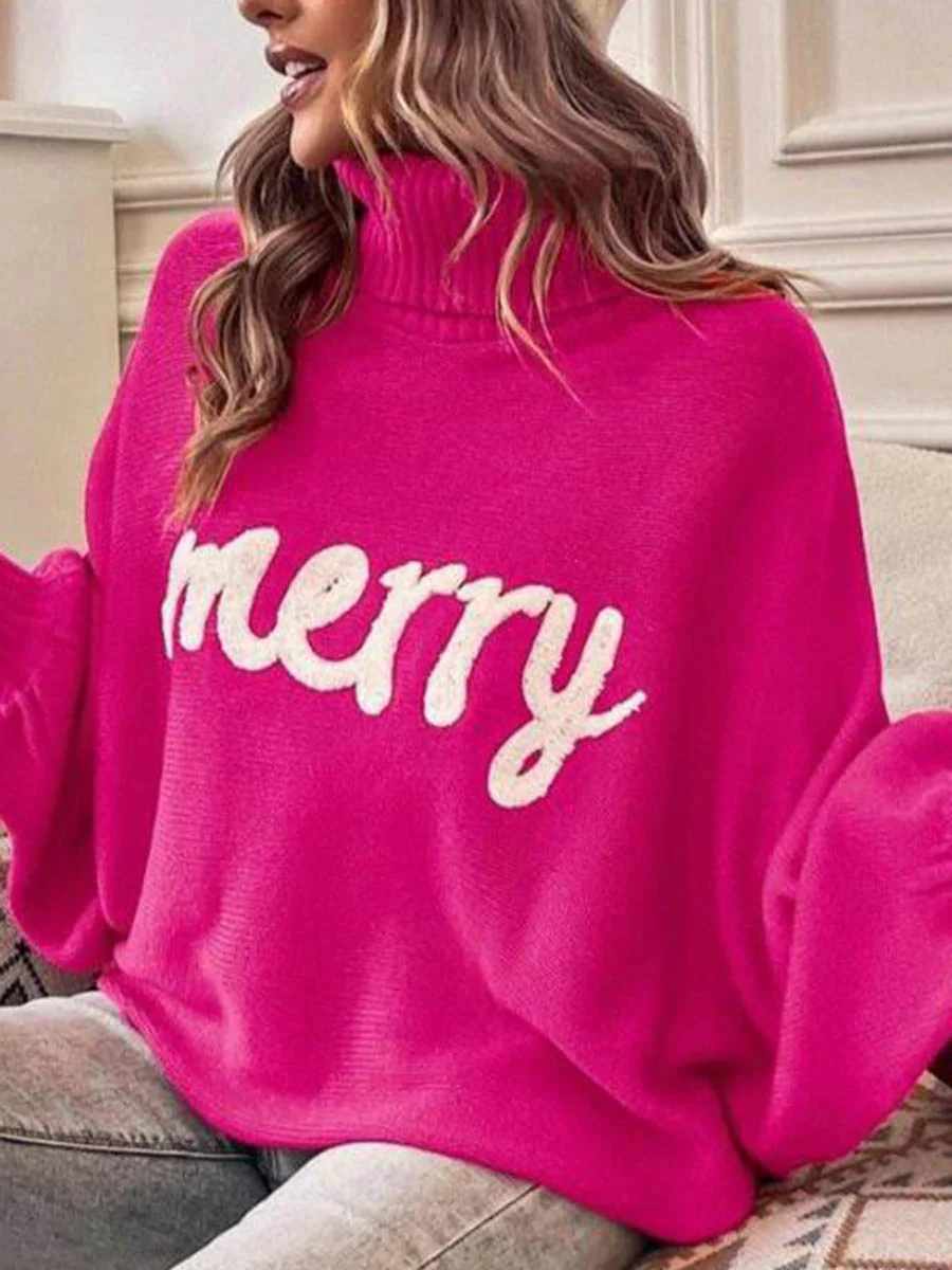 Long Sleeves Loose Contrast Color Printed Split-Joint High Neck Sweater Tops - Image 7