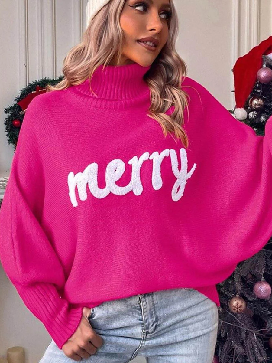 Long Sleeves Loose Contrast Color Printed Split-Joint High Neck Sweater Tops - Image 8