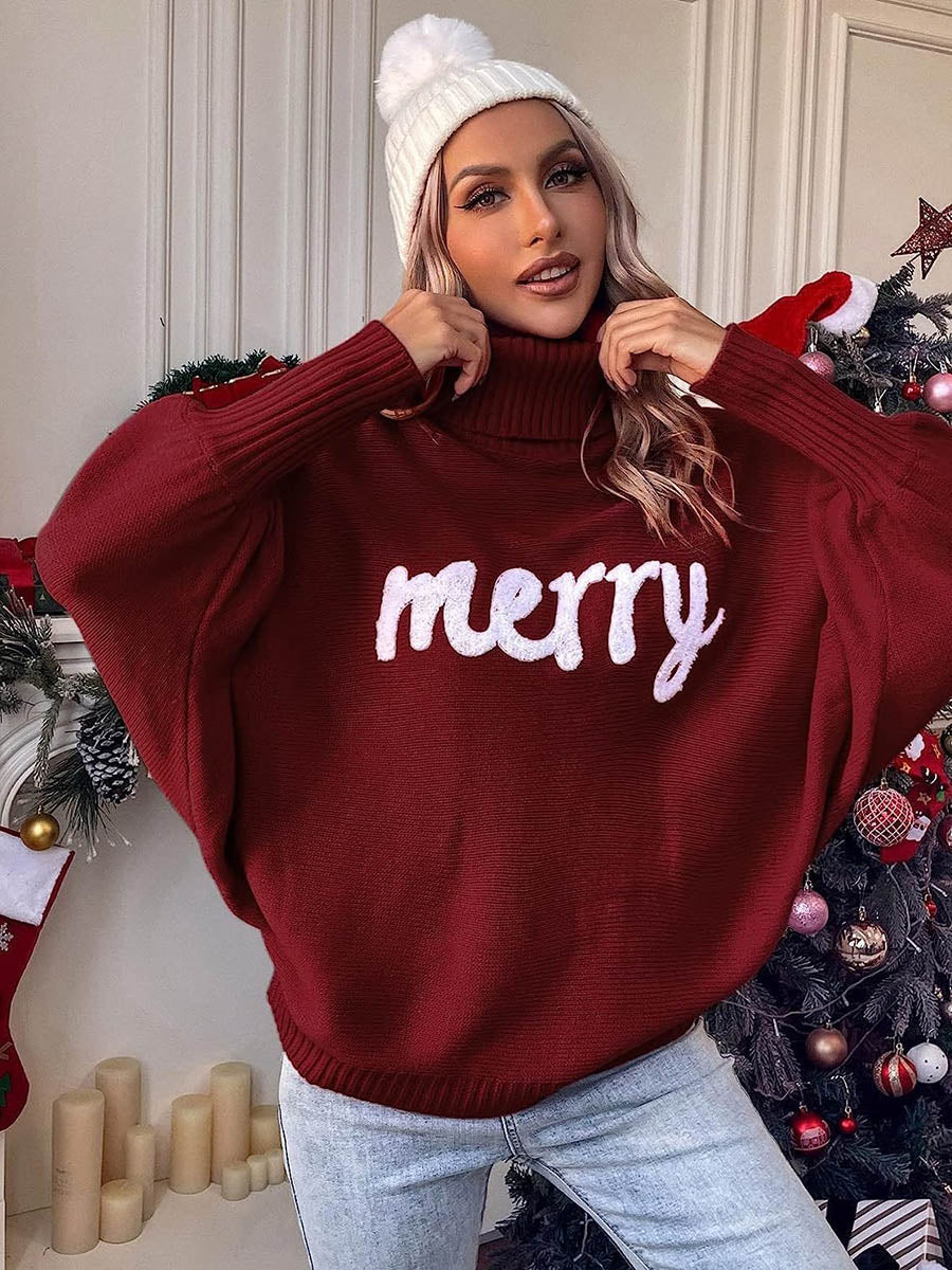 Long Sleeves Loose Contrast Color Printed Split-Joint High Neck Sweater Tops - Image 9