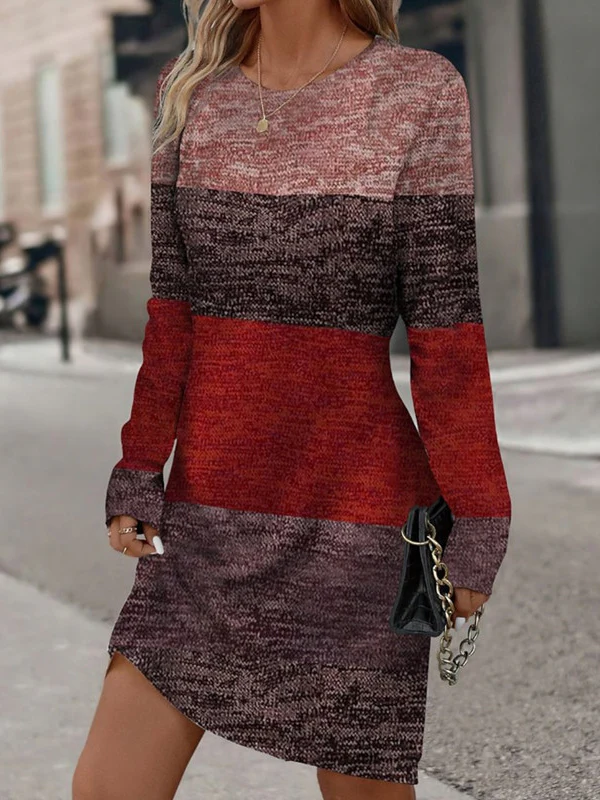 Long Sleeves Loose Contrast Color Printed Split-Joint Round-Neck Midi Dresses - Image 2