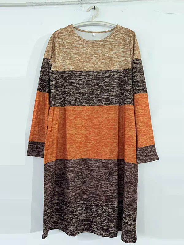 Long Sleeves Loose Contrast Color Printed Split-Joint Round-Neck Midi Dresses - Image 7