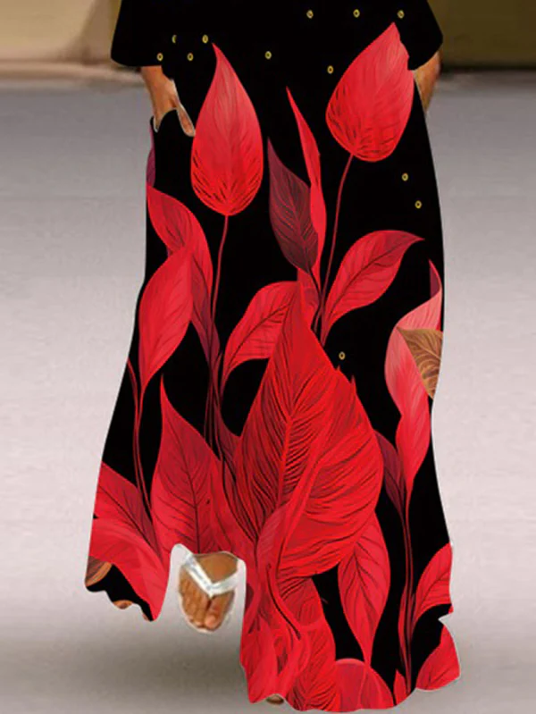 Long Sleeves Loose Contrast Color Printed Split-Joint V-Neck Maxi Dresses - Image 2