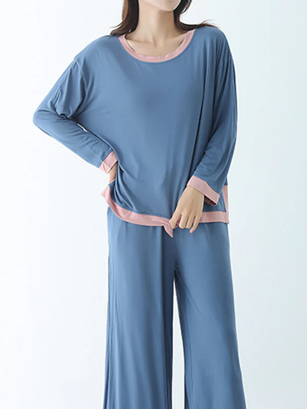 Long Sleeves Loose Contrast Color Round-Neck Two Pieces Pajama Set - Image 10