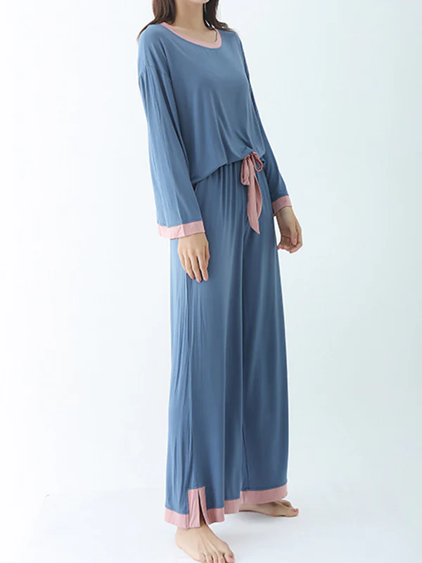 Long Sleeves Loose Contrast Color Round-Neck Two Pieces Pajama Set - Image 11