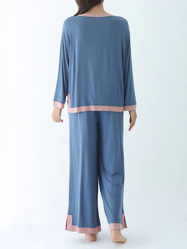 Long Sleeves Loose Contrast Color Round-Neck Two Pieces Pajama Set - Image 12