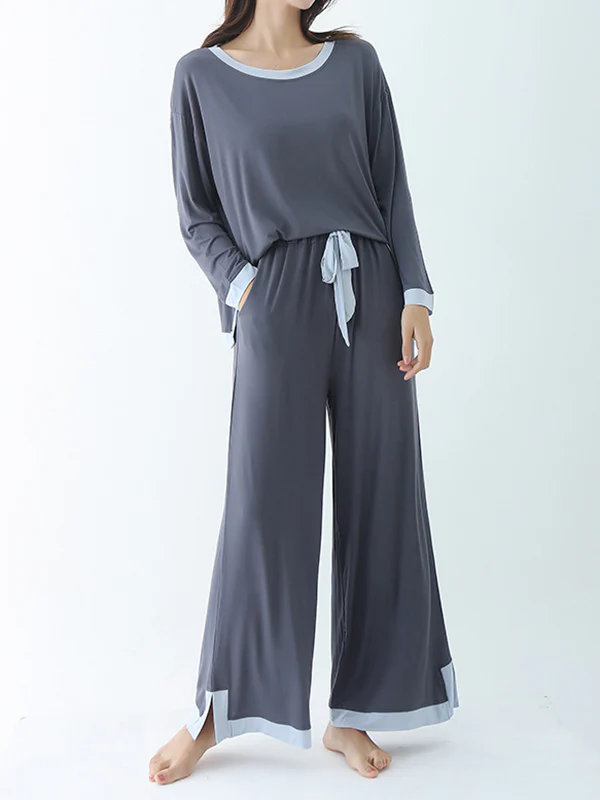 Long Sleeves Loose Contrast Color Round-Neck Two Pieces Pajama Set - Image 13