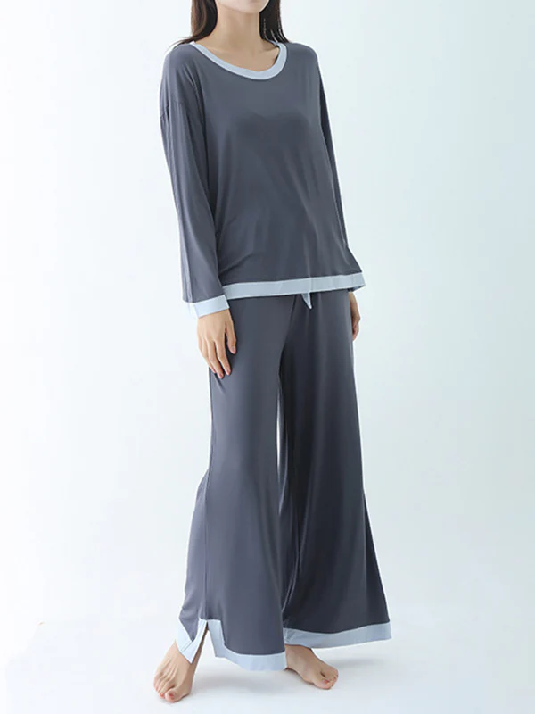 Long Sleeves Loose Contrast Color Round-Neck Two Pieces Pajama Set - Image 14