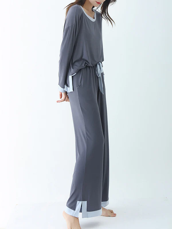 Long Sleeves Loose Contrast Color Round-Neck Two Pieces Pajama Set - Image 15
