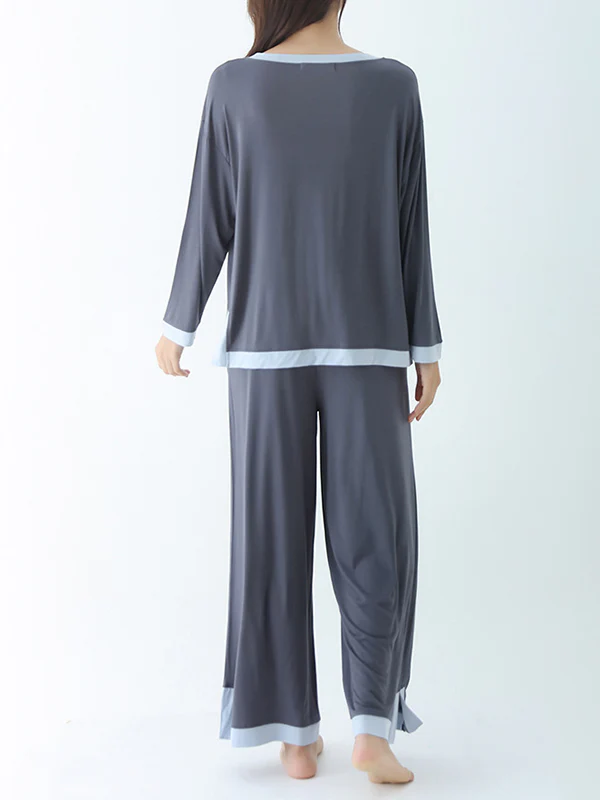 Long Sleeves Loose Contrast Color Round-Neck Two Pieces Pajama Set - Image 16