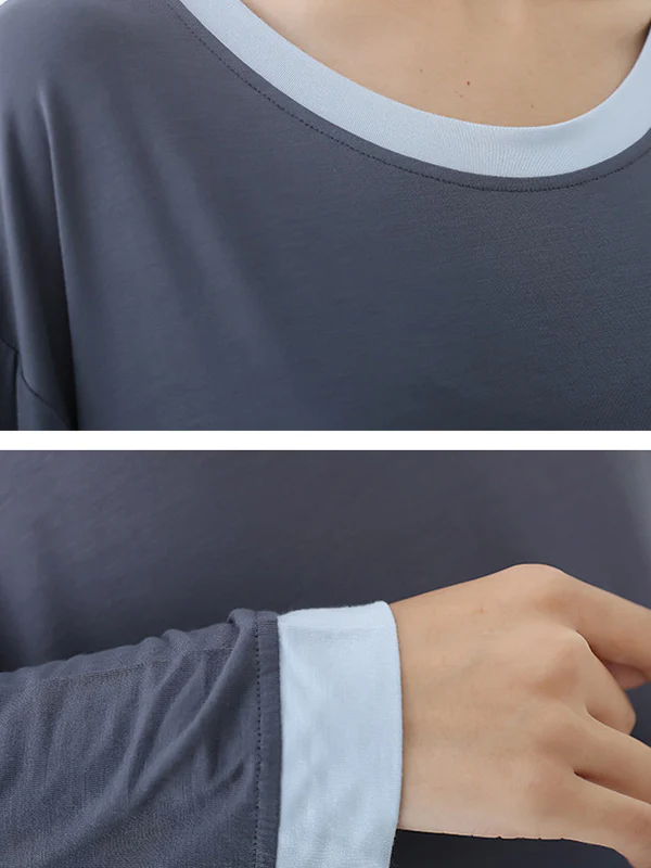 Long Sleeves Loose Contrast Color Round-Neck Two Pieces Pajama Set - Image 17
