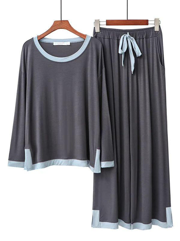 Long Sleeves Loose Contrast Color Round-Neck Two Pieces Pajama Set - Image 2