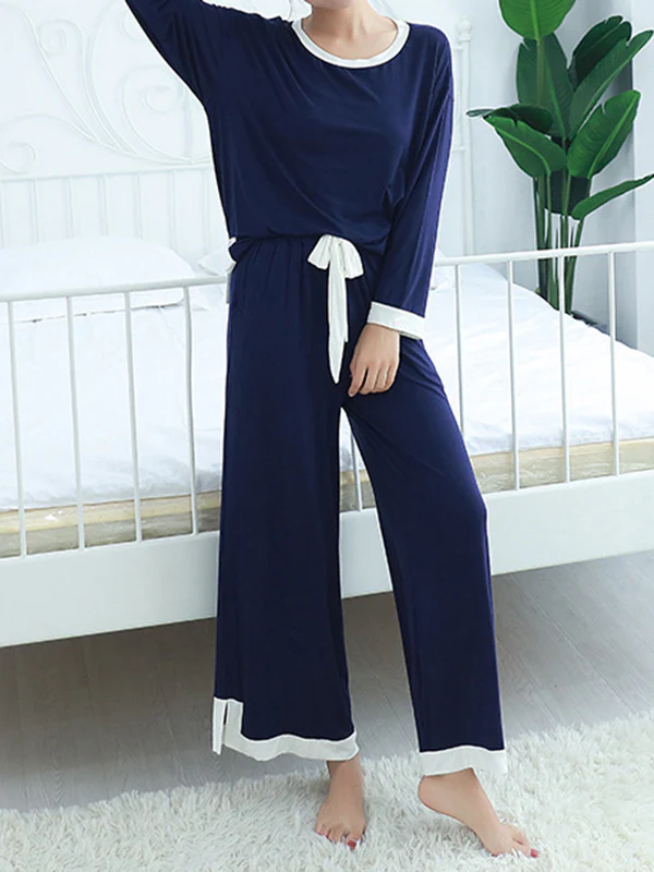 Long Sleeves Loose Contrast Color Round-Neck Two Pieces Pajama Set - Image 3