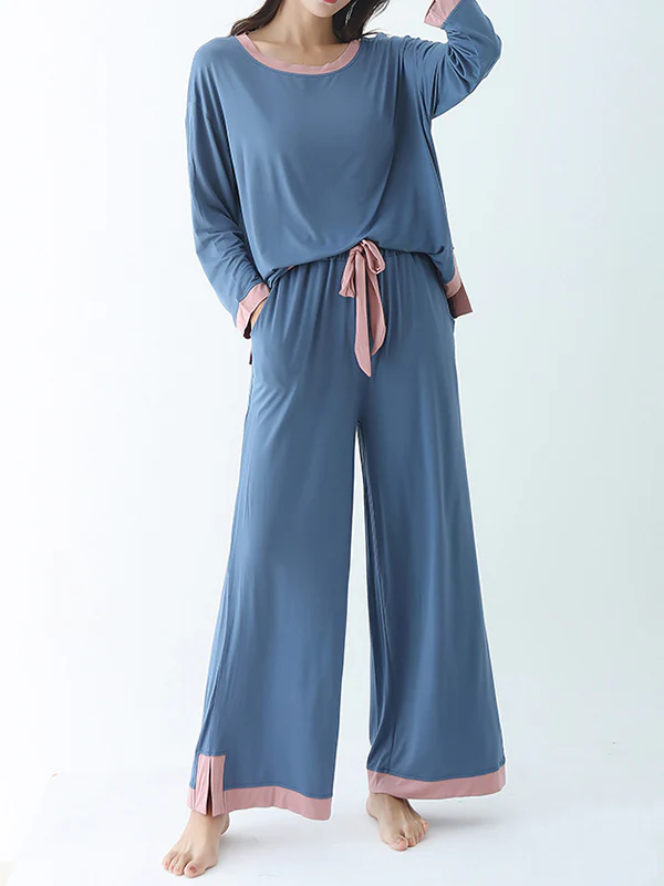 Long Sleeves Loose Contrast Color Round-Neck Two Pieces Pajama Set - Image 4