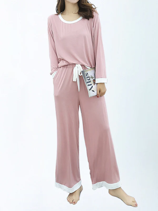 Long Sleeves Loose Contrast Color Round-Neck Two Pieces Pajama Set - Image 5