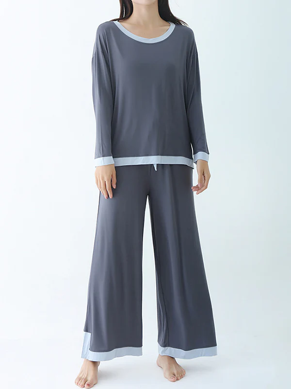 Long Sleeves Loose Contrast Color Round-Neck Two Pieces Pajama Set - Image 6