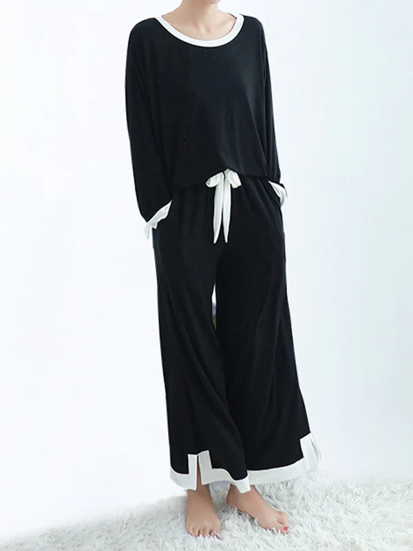 Long Sleeves Loose Contrast Color Round-Neck Two Pieces Pajama Set - Image 7