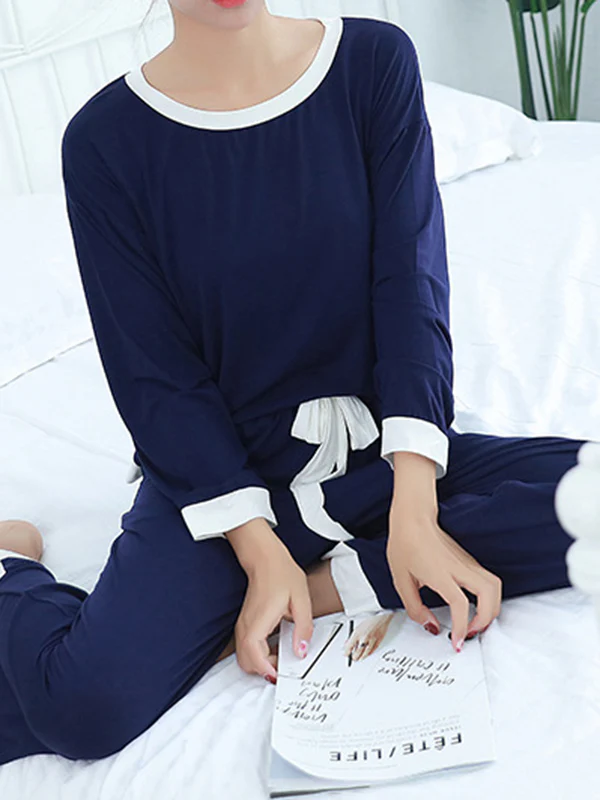 Long Sleeves Loose Contrast Color Round-Neck Two Pieces Pajama Set - Image 8