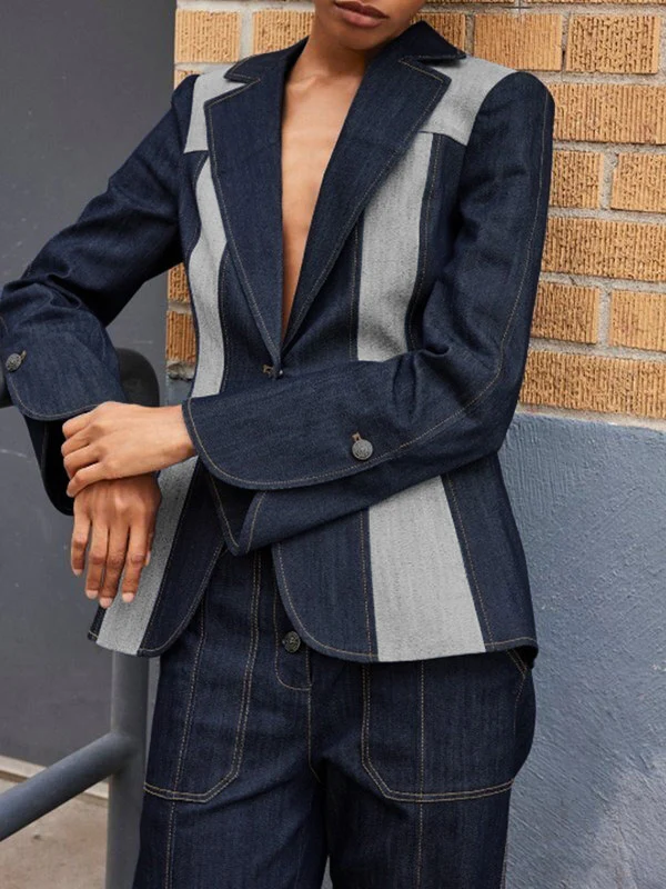 Long Sleeves Loose Contrast Color Split-Joint Deep V-Neck Jackets Outerwear - Image 2