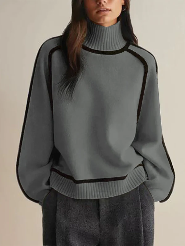 Long Sleeves Loose Contrast Color Split-Joint High Neck Pullovers Sweater Tops - Image 2