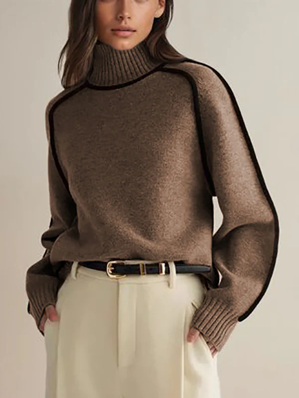 Long Sleeves Loose Contrast Color Split-Joint High Neck Pullovers Sweater Tops - Image 3