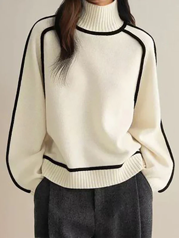 Long Sleeves Loose Contrast Color Split-Joint High Neck Pullovers Sweater Tops - Image 4