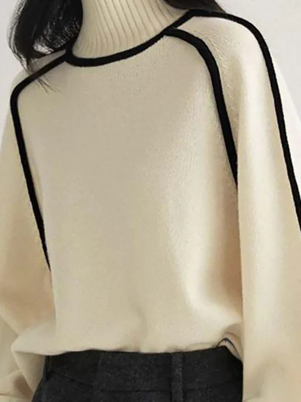 Long Sleeves Loose Contrast Color Split-Joint High Neck Pullovers Sweater Tops - Image 5