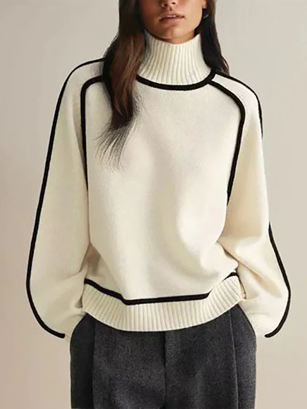 Long Sleeves Loose Contrast Color Split-Joint High Neck Pullovers Sweater Tops - Image 6