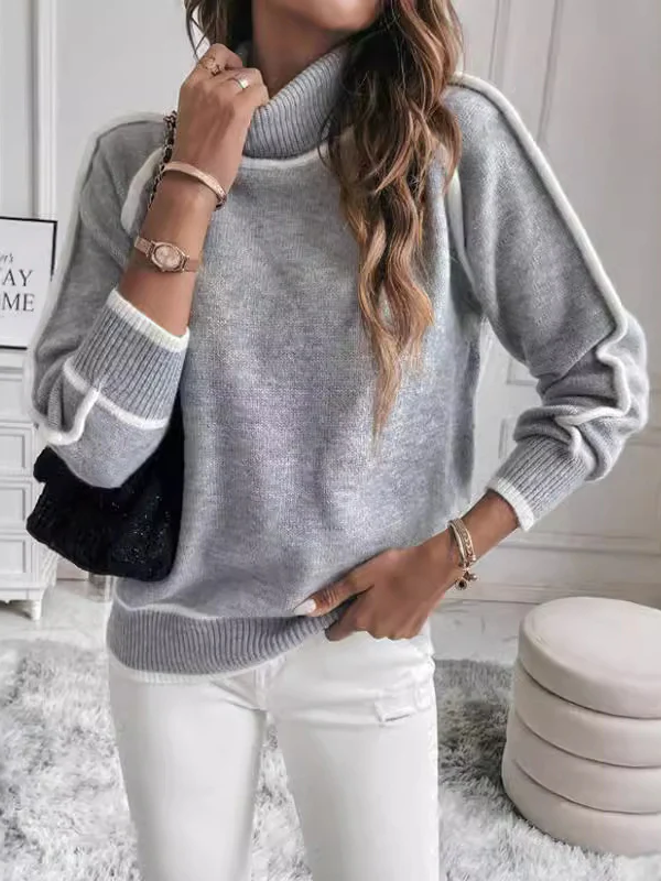 Long Sleeves Loose Contrast Color Split-Joint High Neck Sweater Tops - Image 10